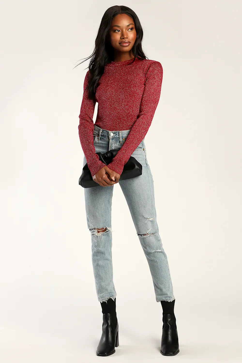 Make It Shine Wine Red Sparkly Mock Neck Long Sleeve Bodysuit | Lulus (US)