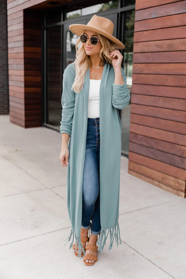 Somewhere In-between Teal Fringe Hem Duster Cardigan FINAL SALE | The Pink Lily Boutique