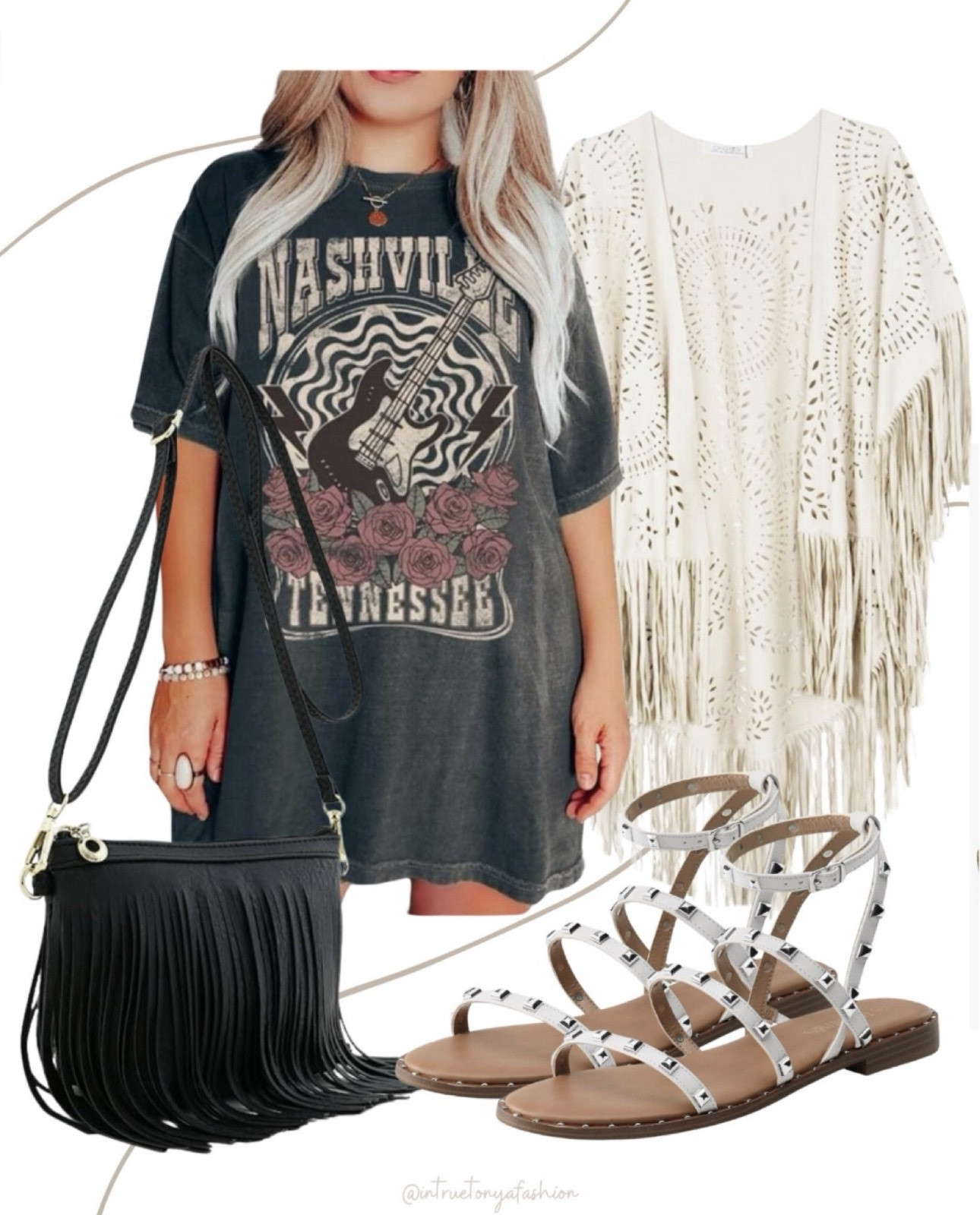 Concert concert outfit idea — Nashville graphic tees, fringe shawl, fringe purse and studded sandals 





Nashville outfits, western outfit, festival outfit, western boots, western boho outfit, amazon outfits 2026, concert outfit ideas, summer outfit amazon, Amazon outfit ideas, summer concert outfit, summer festival, rodeo outfit

#LTKPetite #LTKSaleAlert #LTKFestival