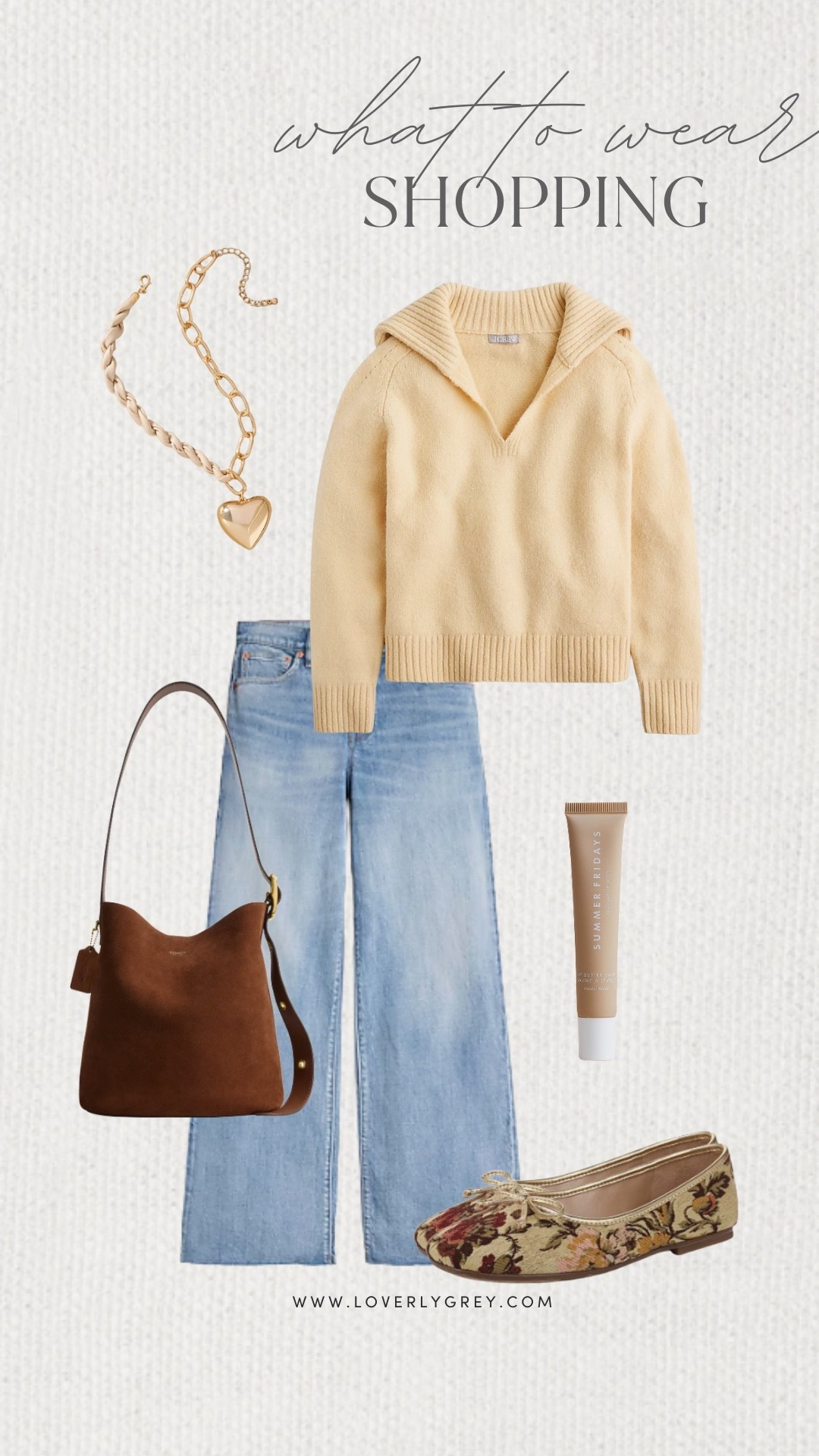 Loverly Grey, what to wear while shopping! I love this long sleeve J.Crew sweater paired with wide leg jeans. To accessorize add a statement necklace, patterned flats, and a coach bag. Loverly Grey, what to wear, shopping 

#LTKgrwm #LTKFindsUnder100 #LTKSeasonal