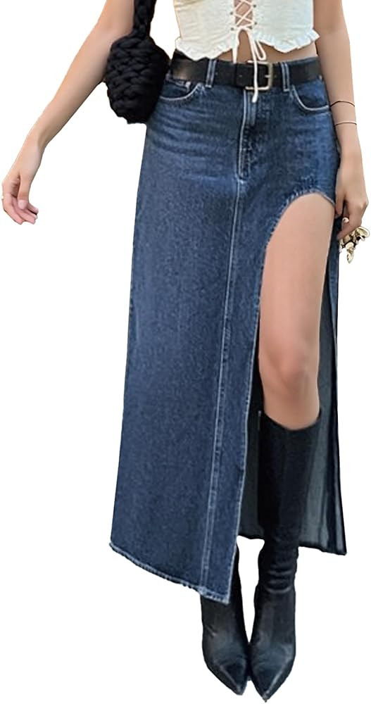 EMMIOL Jean Maxi Skirts for Women Side Slit Sexy Dress 2025 Fall Trendy Sexy Denim Long Skirt | Amazon (US)