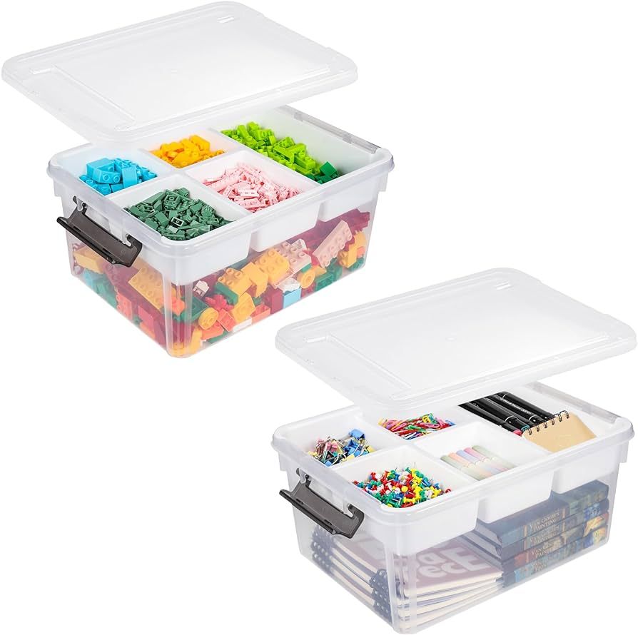2 Pack 17 QT Plastic Storage Containers with Lid, Art Supply Storage Organizer with Removeable Tr... | Amazon (US)