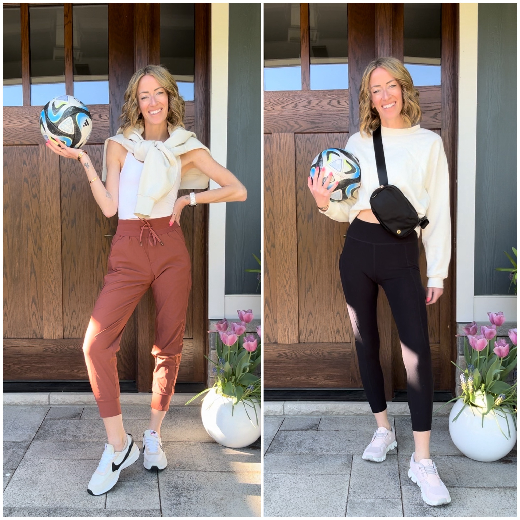 Soccer mom outfit ideas 
Amazon joggers Lululemon style look for less and belt bag 
Half zip scuba pullover Nike sneakers  