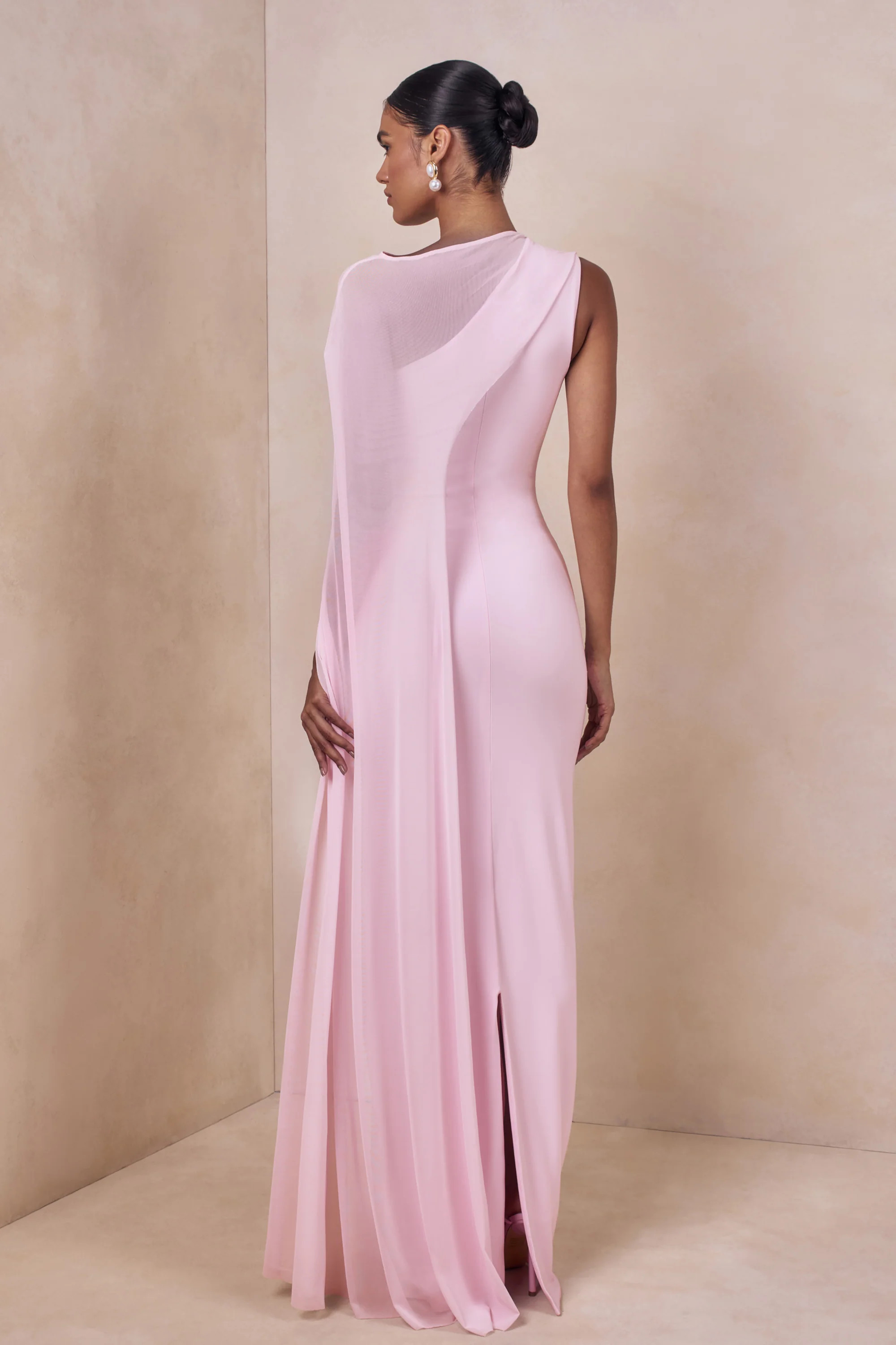 Mirelle | Light Pink Boat-Neck Maxi Dress With Cape-Sleeve | Club L London