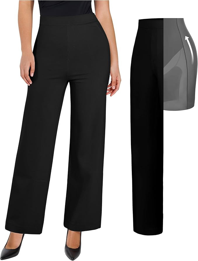 Popilush Dress Pants for Women Tummy Control 2 in 1 Work Slack High Waisted Wide Leg with Pockets... | Amazon (US)