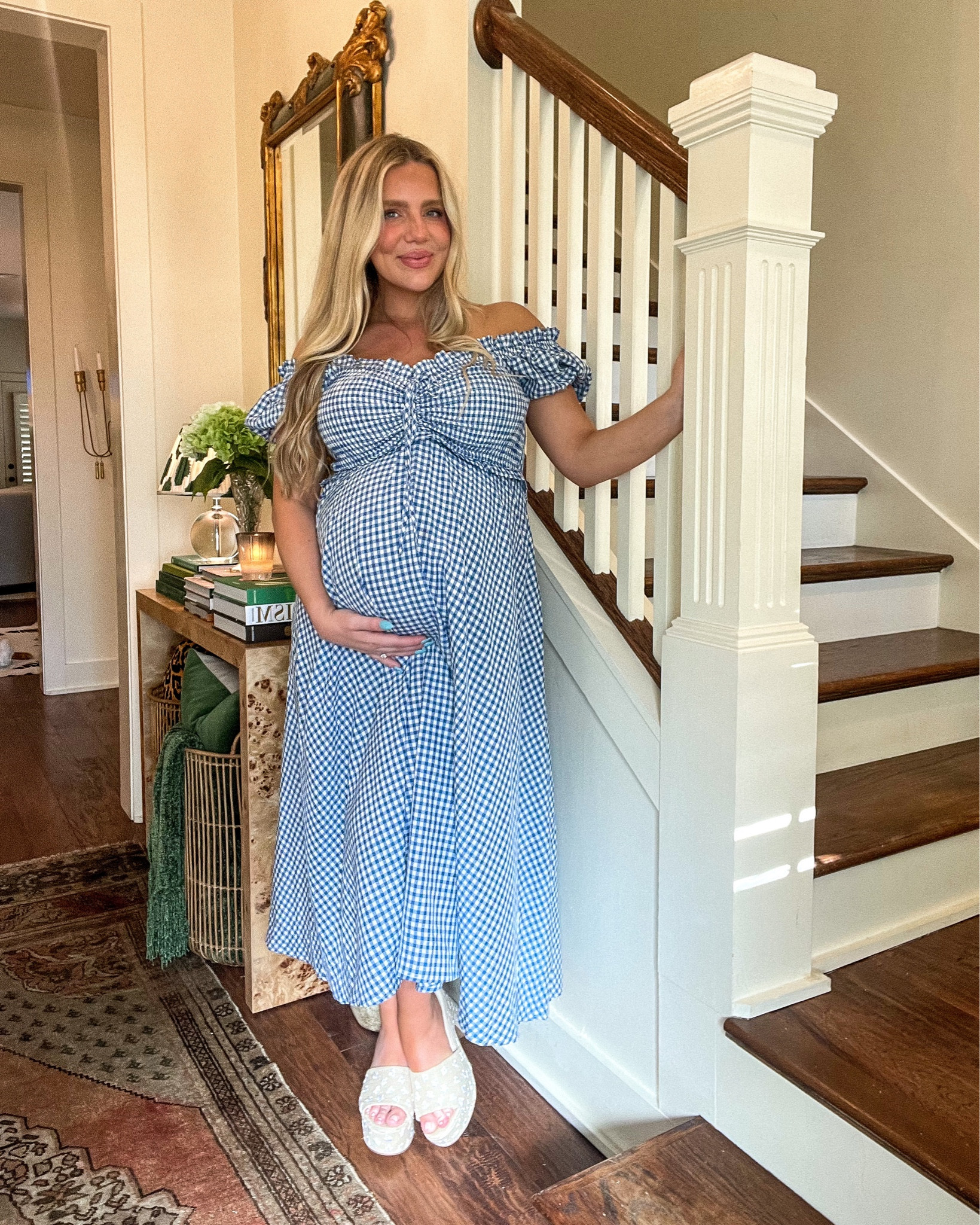 The cutest off the shoulder blue and white gingham checked smock dress, PERFECT for all you boy mamas to be for any spring or summer event like baby showers etc. seriously the most flattering neck line. Wear with sandals or sneakers to dress up or down. So comfy, and I wore a regular bra and just put the straps off the shoulders to make it even easier. Wearing size M here at 33 weeks pregnant but could also be work non-maternity!

#LTKbump #LTKunder100 #LTKSeasonal