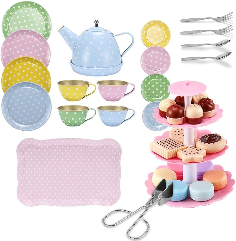 Kids Play Tea Set, FUQUN 36Pcs Tea Party Set for Little Girls, Tin Tea Set for Little Girls, Prin... | Amazon (US)