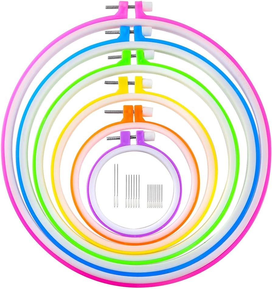 Caydo 6 Pieces Embroidery Hoops and 15 Needles, Plastic Circle Cross Stitch Hoop Ring Embroidery ... | Amazon (US)