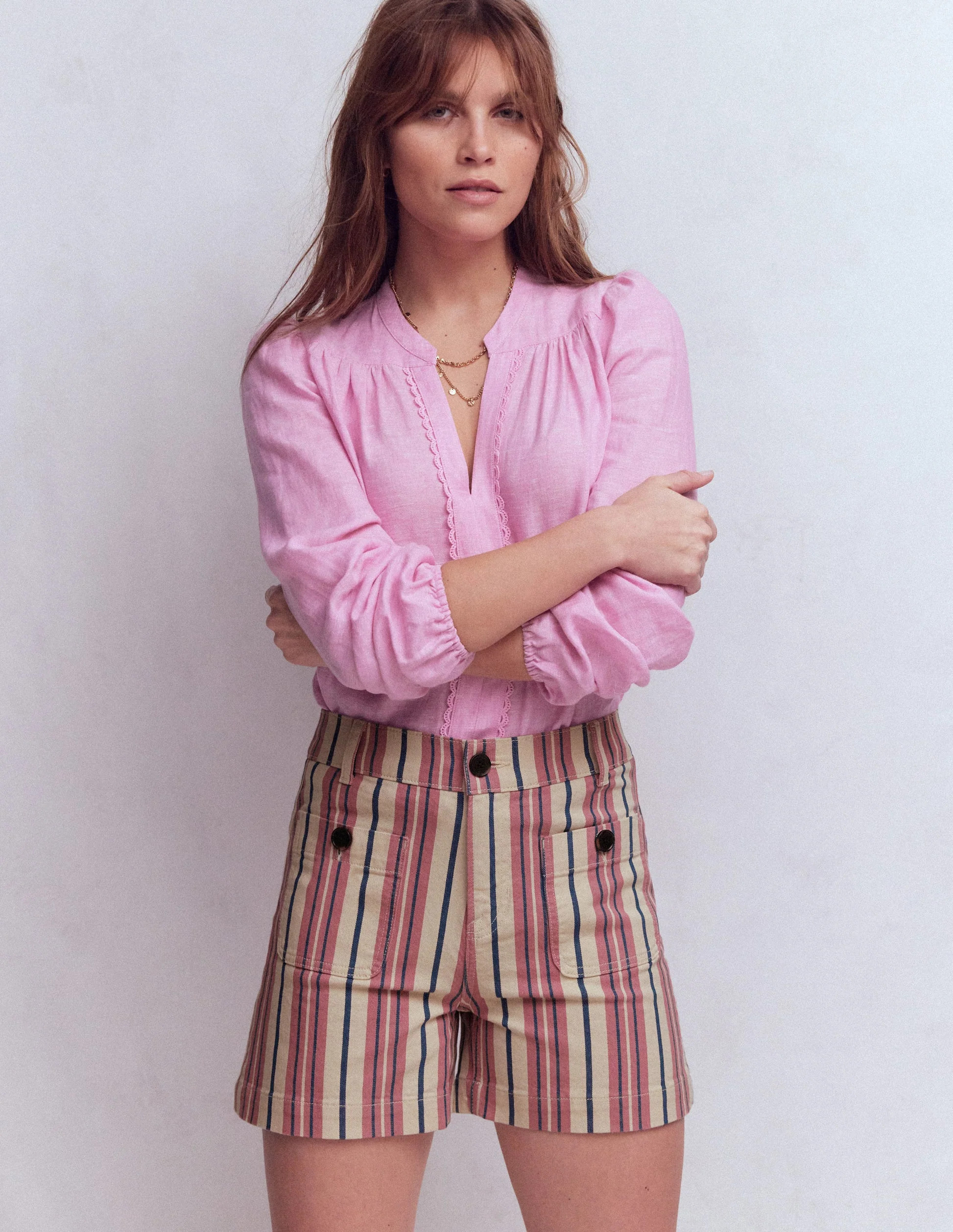 Primrose Denim Shorts-Pink Stripe | Boden (US)