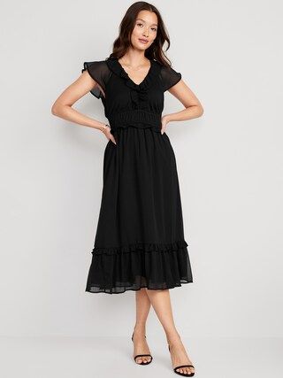 Waist-Defined Flutter-Sleeve Midi Dress for Women | Old Navy (US)