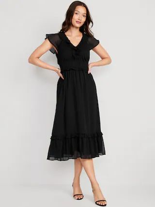 Waist-Defined Flutter-Sleeve Midi Dress for Women | Old Navy (US)