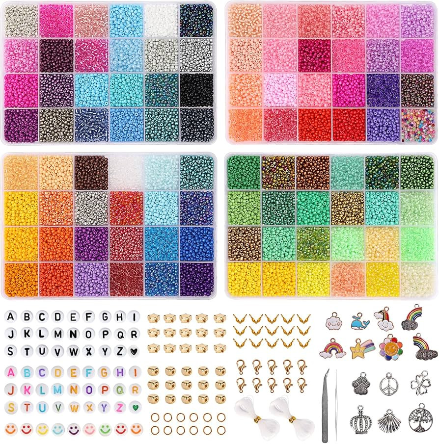 QUEFE 24000pcs 3mm Glass Beads for Jewelry Making Kit, 96 Colors Glass Seed Beads with Pendant Ch... | Amazon (US)
