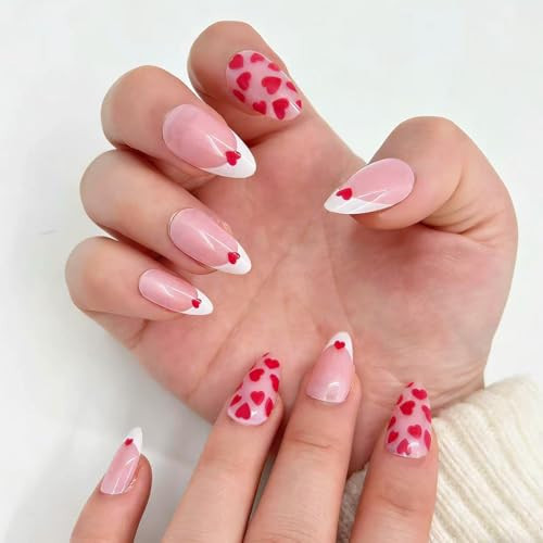 Valentines Day Press on Nails Medium Almond, French Tip Fake Nails with Red Heart Design, 24Pcs Acrylic Glue on Nails for Women Valentine's Day Gift DIY Kit | Amazon (US)
