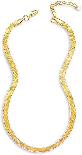 Reoxvo18K Gold Plated Herringbone Choker Necklace for Women Flat Snake Chain Necklace(5mm) | Amazon (US)