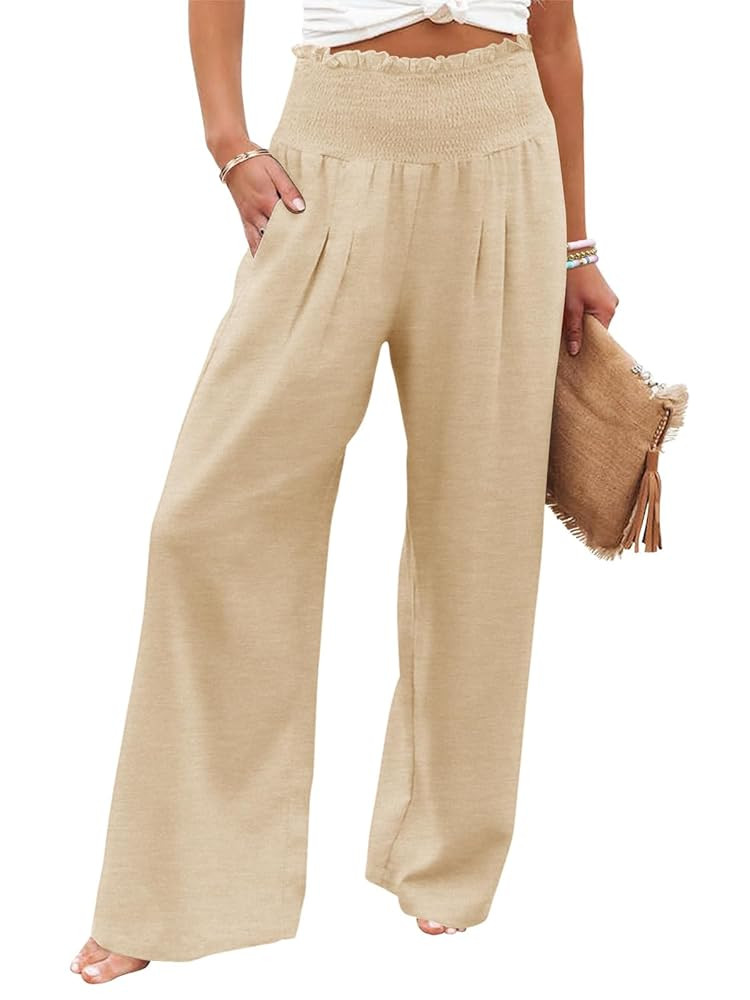 GEMLON Women's Palazzo Pants High Waisted Elastic Wide Leg Casual Lounge Pants with Pockets | Amazon (US)