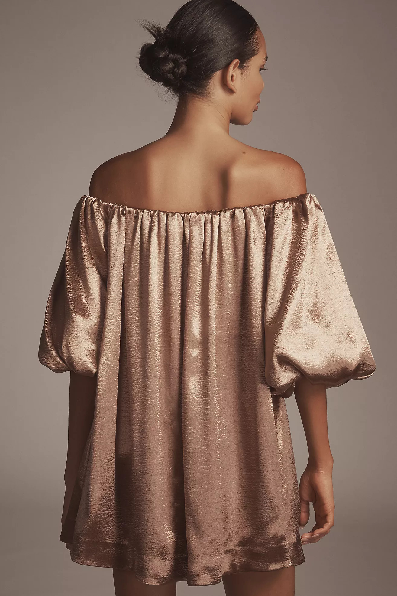 @heynasreen x Mare Mare Off-The-Shoulder Puff-Sleeve Shine Mini Dress | Anthropologie (US)