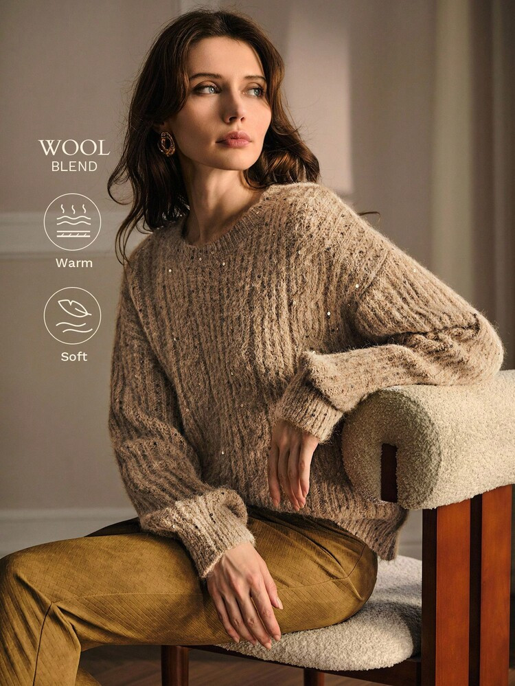 MOTF PREMIUM AUTUMN/WINTER ELEGANT SEQUIN KNITTED ROUND NECK SWEATER | SHEIN
