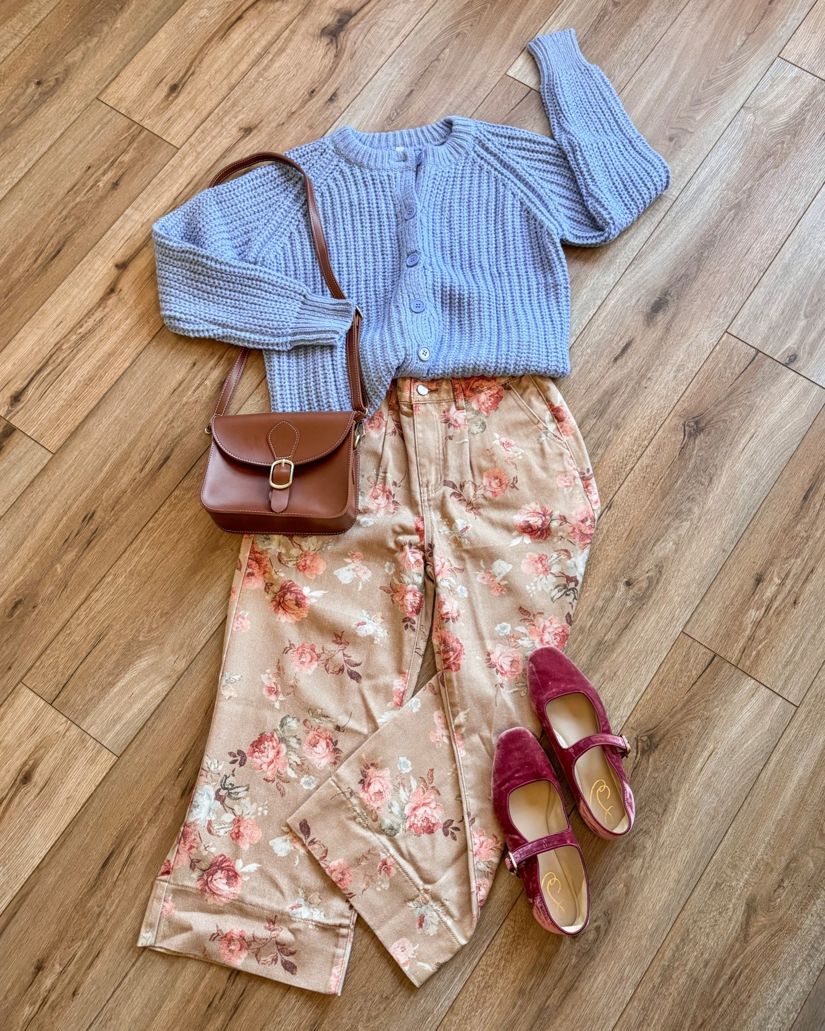 Amazon fashion. A casual yet feminine and romantic outfit with floral jeans and a soft dusty blue cardigan with pink velvet Mary Jane Flatts.

#LTKSeasonal #LTKgrwm #LTKootd