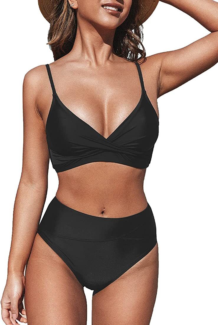 CUPSHE Women's Bikini Sets Two Piece Swimsuit High Waisted V Neck Twist Front Adjustable Spaghetti S | Amazon (US)