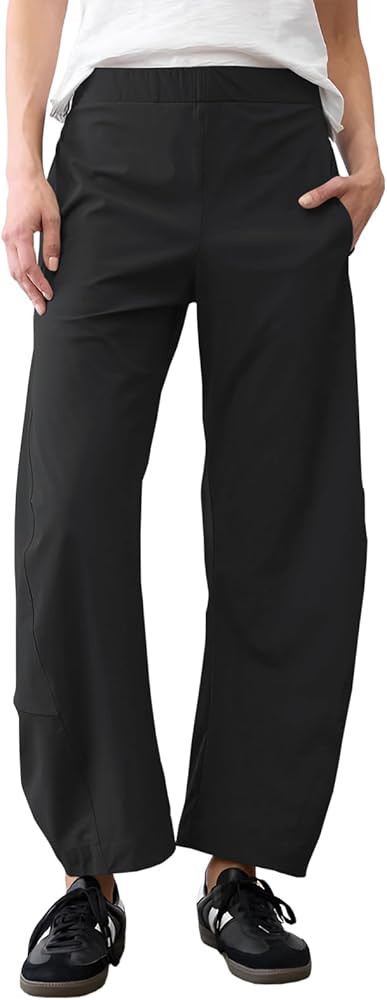 Womens Elastic Waist Ankle Pants Baggy Curved Tapered Leg Barrel Travel Pants with Pockets | Amazon (US)