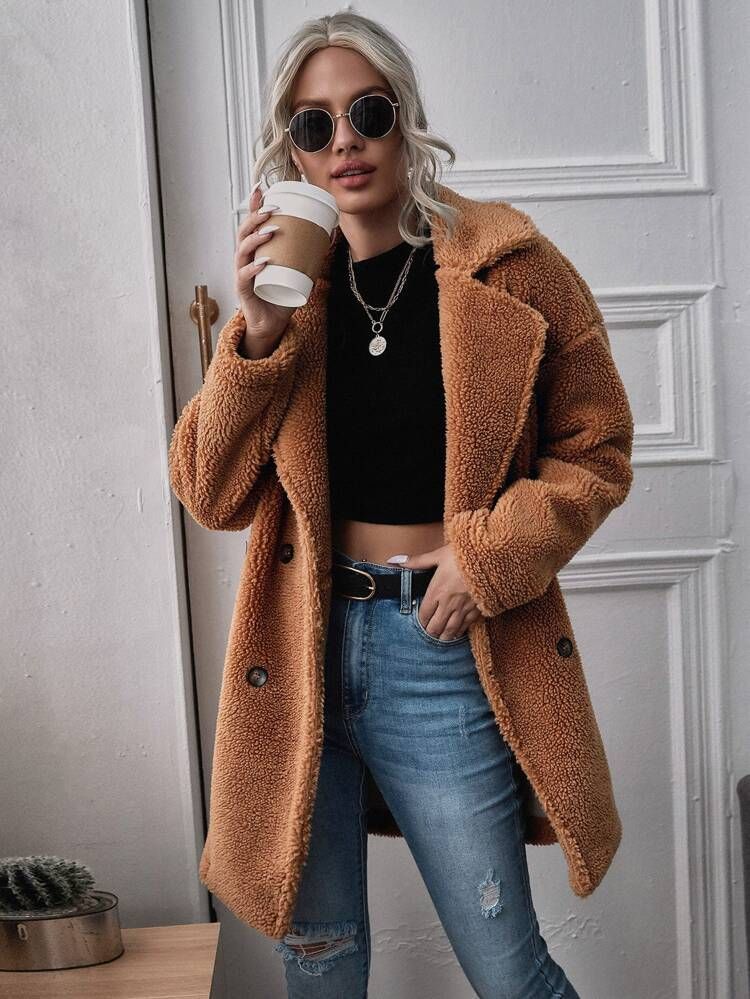 Lapel Collar Double Breasted Teddy Coat | SHEIN