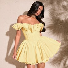 Summer White Sexy & Sweet Off-Shoulder Ruffled Floral Sleeve Solid Color Lace Trim Flare Hem Sweet Lady Dress | SHEIN