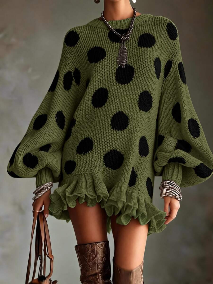 LUMIGAL Women's Polka Dot Lantern Sleeve Ruffle Hem Knit Dress | SHEIN