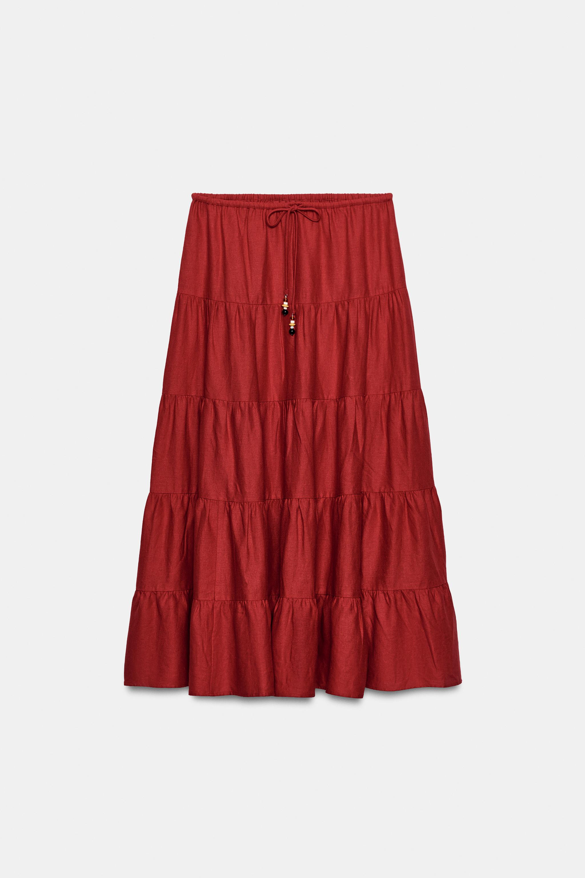 LINEN BLEND RUCHED MIDI SKIRT | Zara US