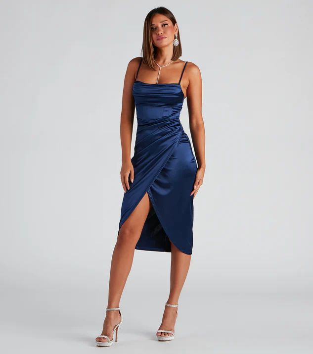 Margaret Formal Satin Wrap Midi Dress | Windsor Stores