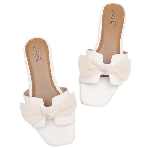 katliu Women's Bow Flat Sandals Square Open Toe Dressy Slide Sandals Slip On Summer Sandals for Wedding Party White 7 | Amazon (US)