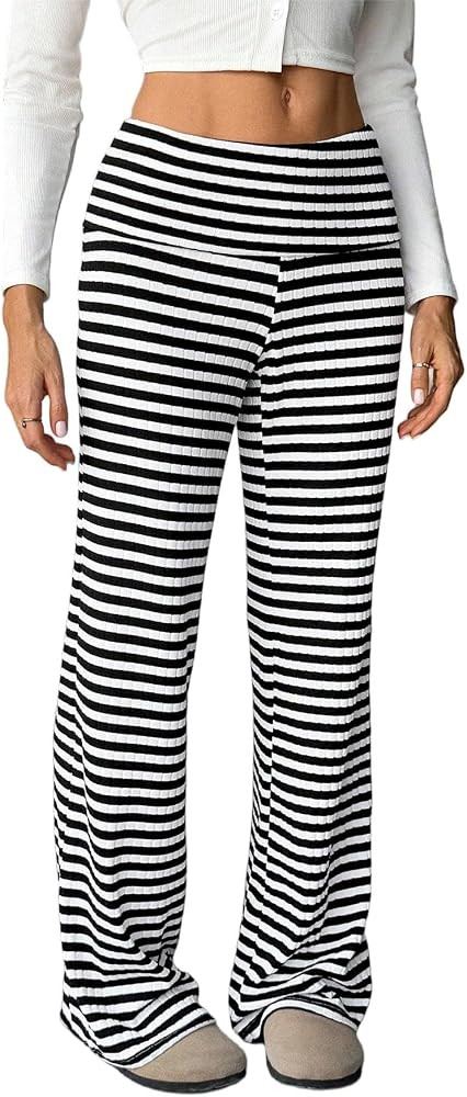 QJQ Women's Striped Knit Wide Leg High Waisted Pants Textured Elastic Waist Casual Lounge Trouser... | Amazon (US)