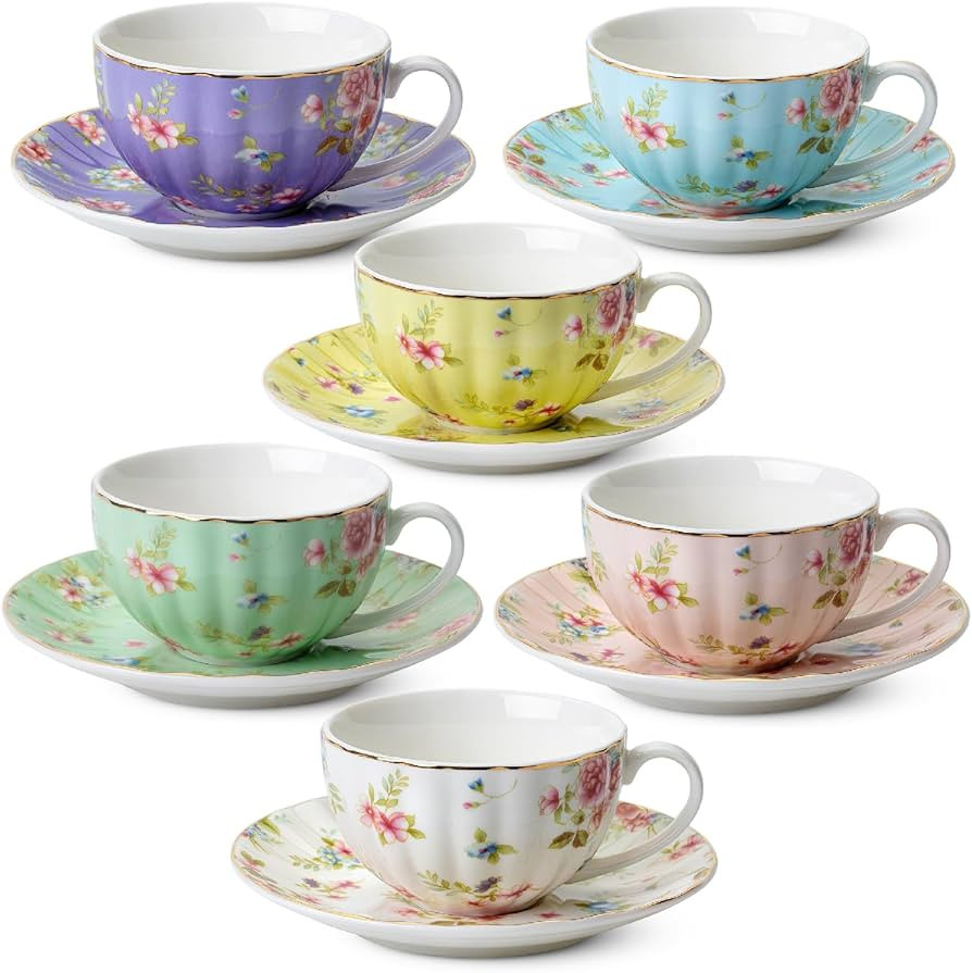 BTaT- Floral Tea Cups and Saucers Set of 6 (7 oz), Porcelain Tea Cups Set of 6, Pastel Bloom Desi... | Amazon (US)