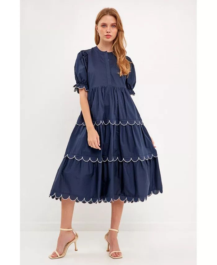 Women's Contrast Scallop Edge Midi Dress | Macys (US)