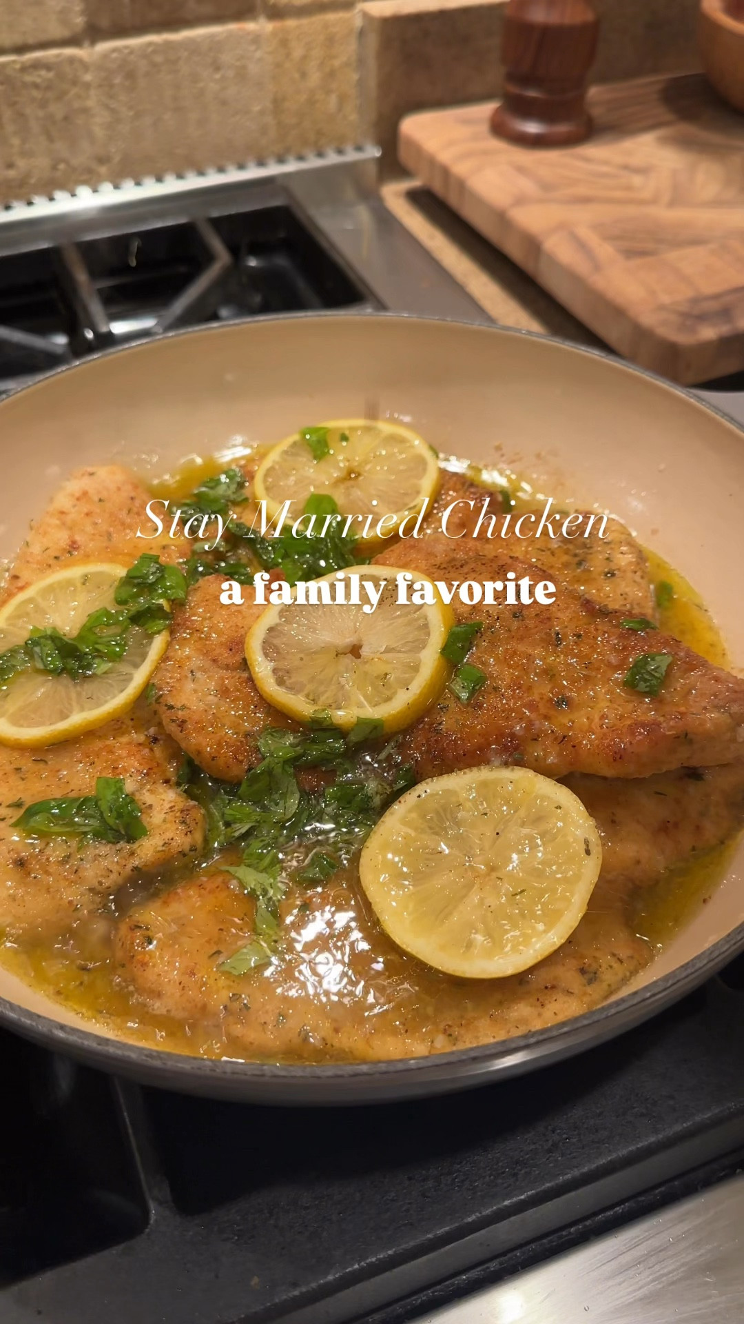 Leslie Stern’s Stay Married Chicken Recipe below:

Here’s what you’ll need:
1 lb of thinly sliced chicken breasts
1/3 cup half and half (to coat the chicken)
1 1/2 cups of seasoned breadcrumbs (Italian seasoning, garlic powder, salt and pepper)
Olive oil (enough to coat the bottom of the pan)
3 tbsp butter
4 slices of lemon

🍋Lemon Sauce:
Juice of 2 large lemons (or more if you like it saucy. It should be about a 1/2 cup of juice)
*must be fresh lemon juice*
Equal parts olive oil (to the amount of lemon juice you have)
2 cloves of garlic, grated
A handful of fresh basil, roughly chopped
Salt, pepper, Italian seasoning and dash of paprika.

Start by making the lemon sauce:
Combine the juice of two lemons, salt, pepper, Italian seasonings, grated garlic, and paprika into a measuring cup. 
Slowly whisk in an equal amount of olive oil until well combined. Add in freshly chopped basil. Stir and set aside.

1. Preheat the oven to 325.
2. Thinly slice the chicken breasts and season with salt, pepper and Italian seasonings.
3. Add the chicken to a bowl and pour over the half and half until evenly coated.
*I use half and half in substitution for an egg. This will help the breadcrumbs stick to the chicken.
4. Dip the chicken breasts into the breadcrumb mixture, coating all sides of the chicken.
5. Heat an oven safe pan on medium with olive oil and butter.
6. Cook the chicken on each side until golden brown. (The chicken does not need to be fully cooked through, as it will finish cooking in the oven). About 3-4 minutes, per side. 
7. Remove the browned chicken and place on a paper towel lined plate. Repeat until all of the chicken has been cooked. 
8. Once all the cutlets are browned, add the chicken back into the hot pan, top with sliced lemon and pour the lemon sauce over the chicken. Let bubble for 2 minutes. 
9. Bake in the oven for 12-18 minutes until bubbling and all of the chicken is fully cooked through and golden brown.
10. Keep warm at 200 until ready to serve. Serve and top with the lemon sauce from the pan. 


#LTKFamily #LTKHome