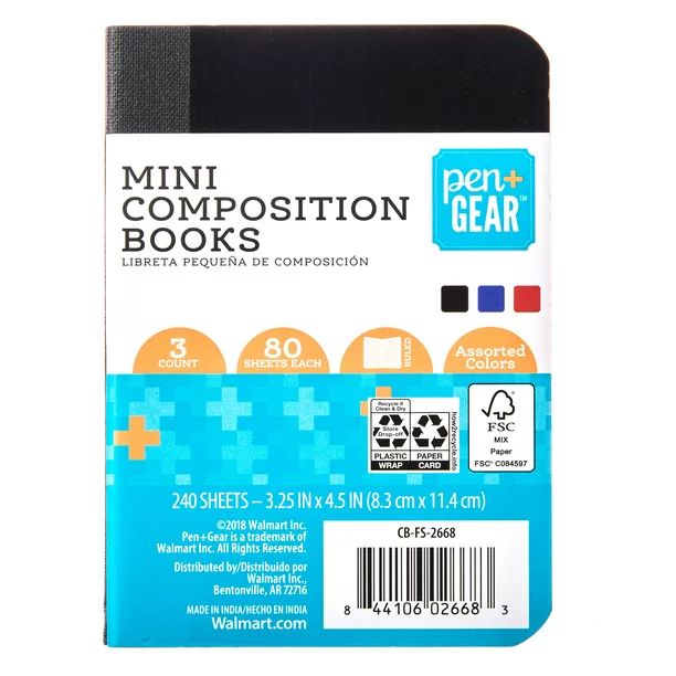 Pen + Gear 3 Pk Mini Composition Book 3.25X4,.5 80 Sheets, Astd Colors | Walmart (US)