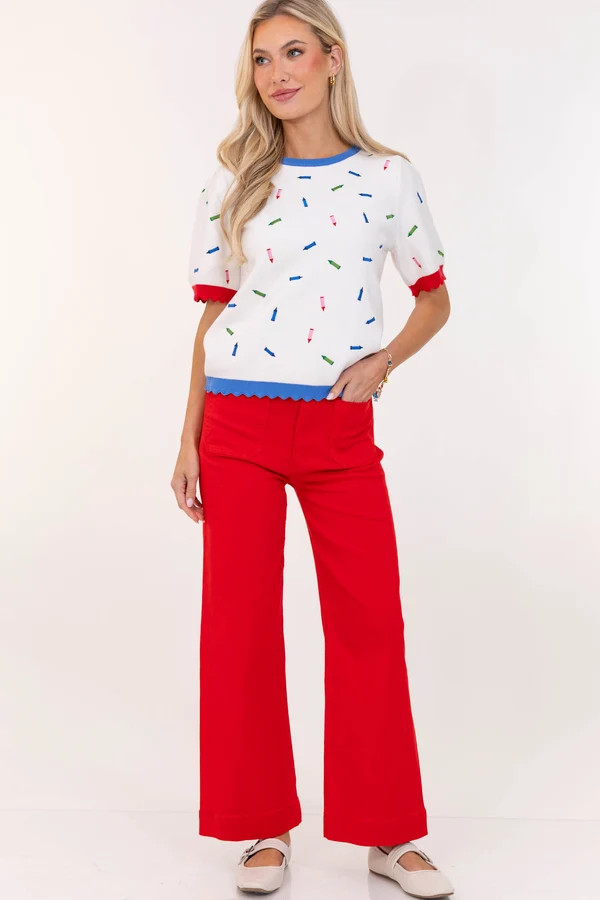 Crowd Pleaser White Crayon Embroidered Sweater | The Mint Julep Boutique