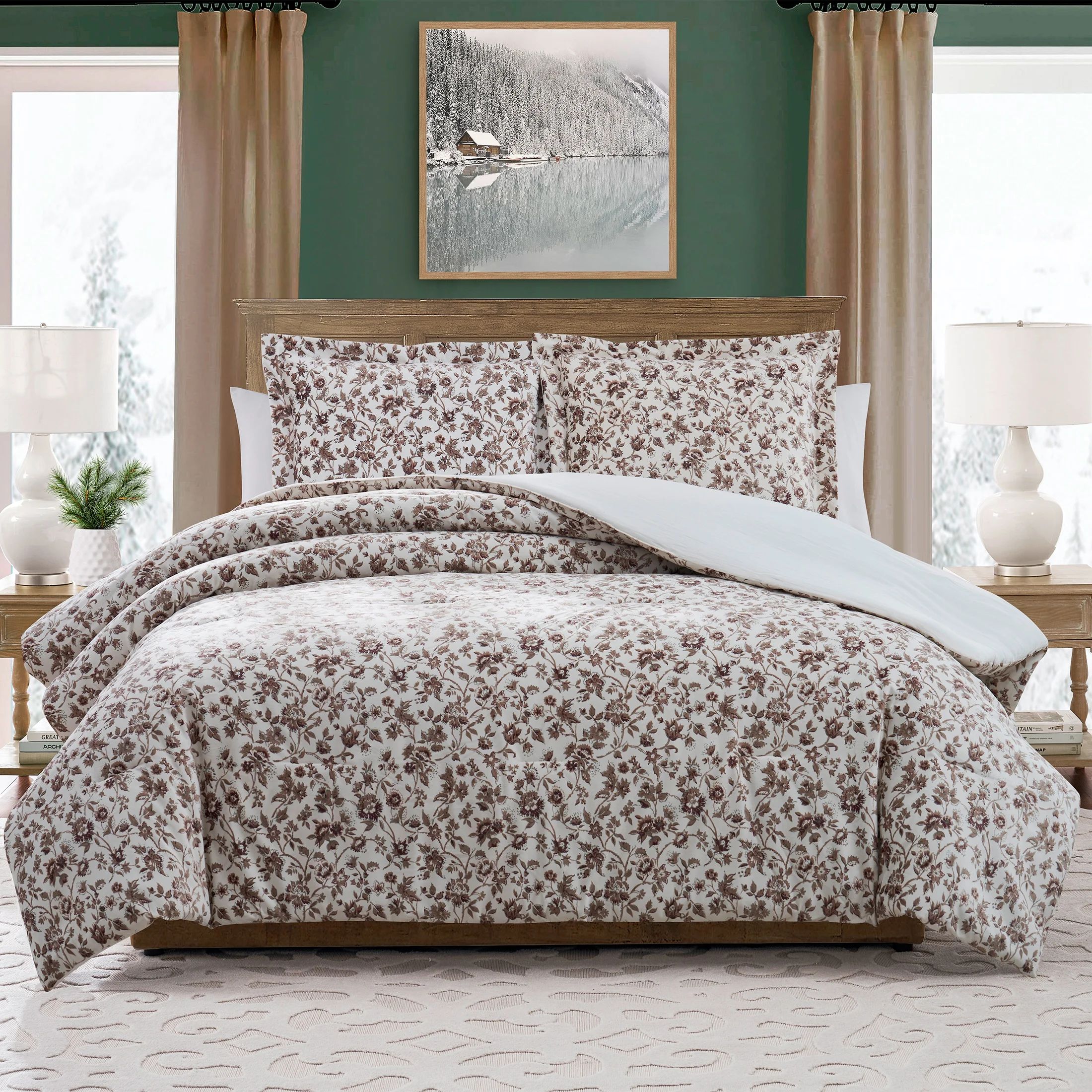 My Texas House Stacy 3-Piece Ivory Floral Printed Velvet Comforter Set, Full/Queen | Walmart (US)