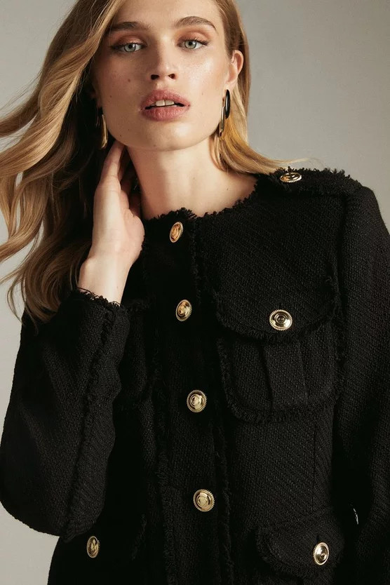 Frayed Edged Textured Boucle Military Jacket | Karen Millen AUS