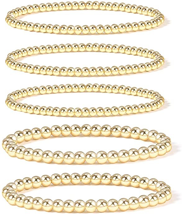 Gold Bead Bracelet for Women,14K Gold Plated Bead Ball Bracelet Stretchable Elastic Bracelet | Amazon (US)