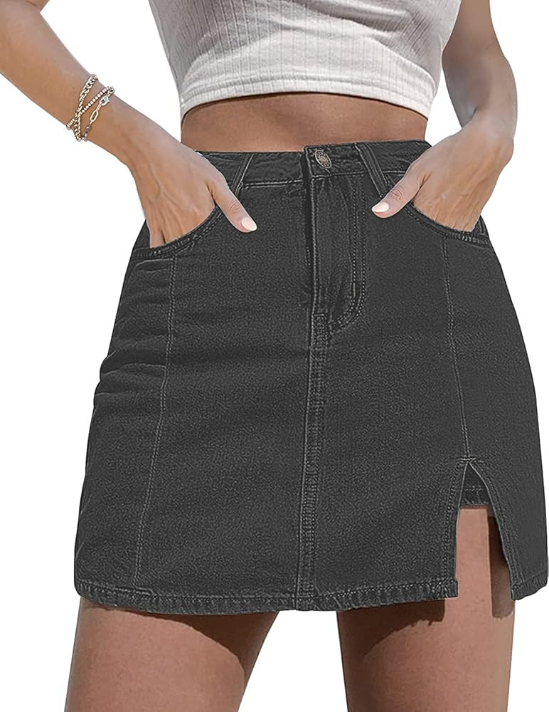 CNFUFEN Womens Summer Fashion Denim Mini Skirts Hem Split with High Waisted Jean Skirt | Amazon (US)