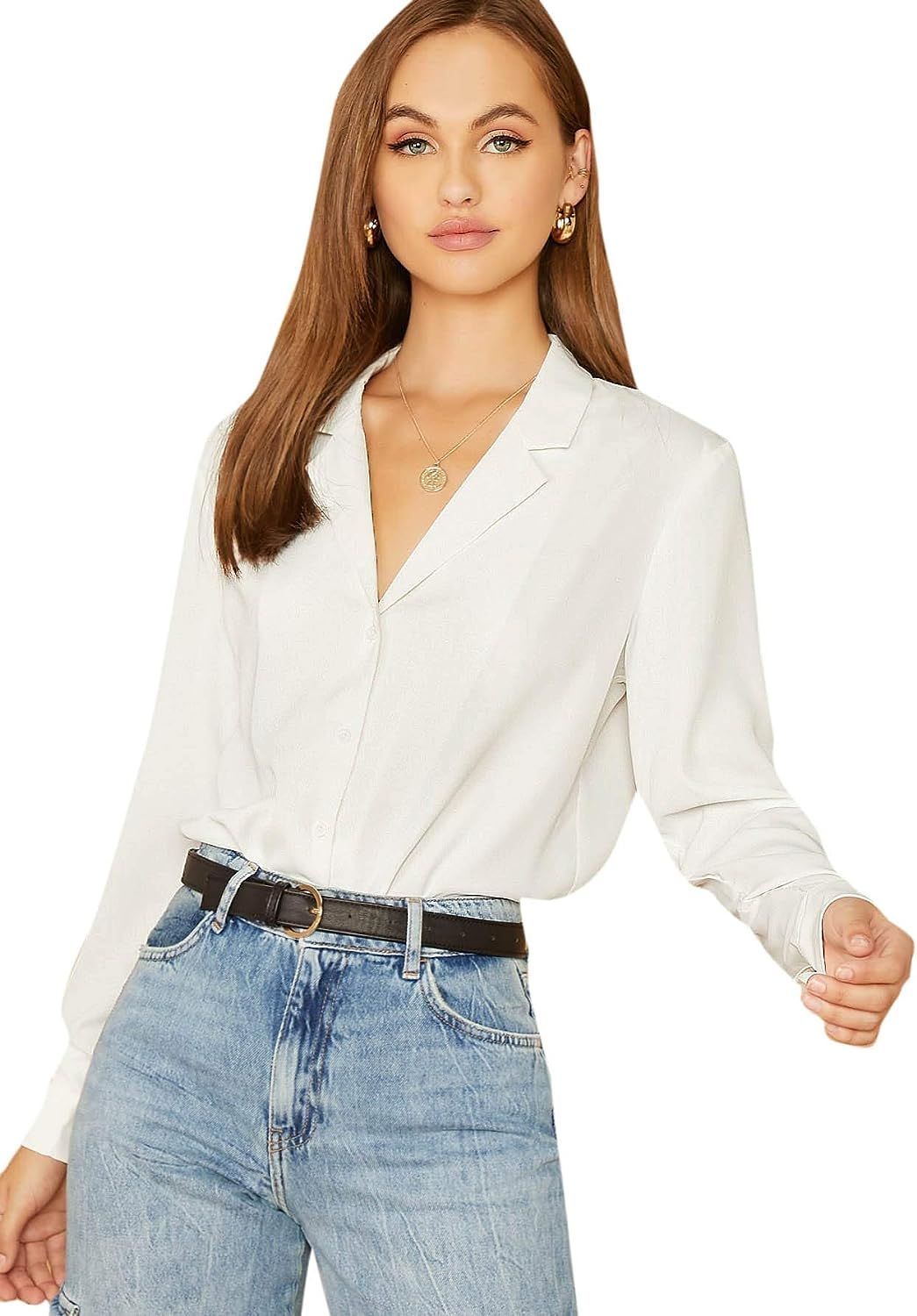 Milumia Women's Elegant Button Workwear Shirt V Neck Long Sleeve Blouse Top Z-White X-Small | Amazon (US)