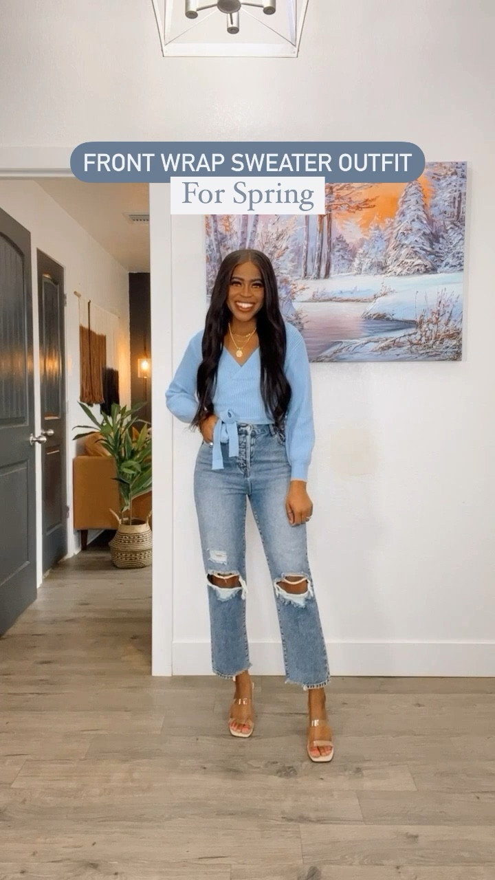 Top: It’s a self wrap sweater knit that you can tie multiple ways with a soft material. I am wearing an xs. •Jeans: I am 5’4” wearing a size 25 true denim no stretch. •Heels: I went with my normal size.

#LTKFind #LTKstyletip #LTKsalealert