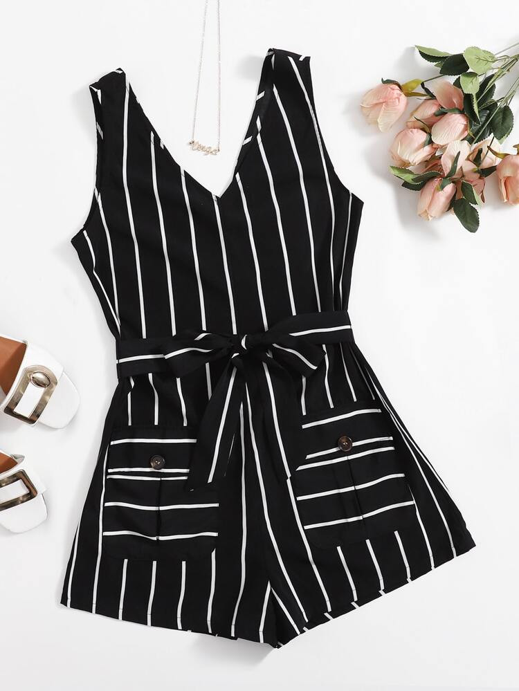 SHEIN Patch Pocket Striped Belted Romper | SHEIN