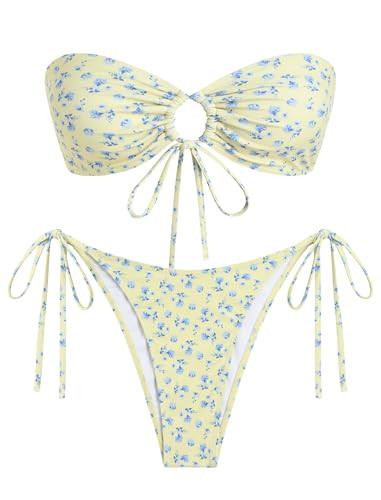 ZAFUL O Ring Bandeau Bikini Sets for Women Sexy Strapless Swimsuits 2 Piece High Cut Bathing Suit Side Tie Floral Yellow S | Amazon (US)