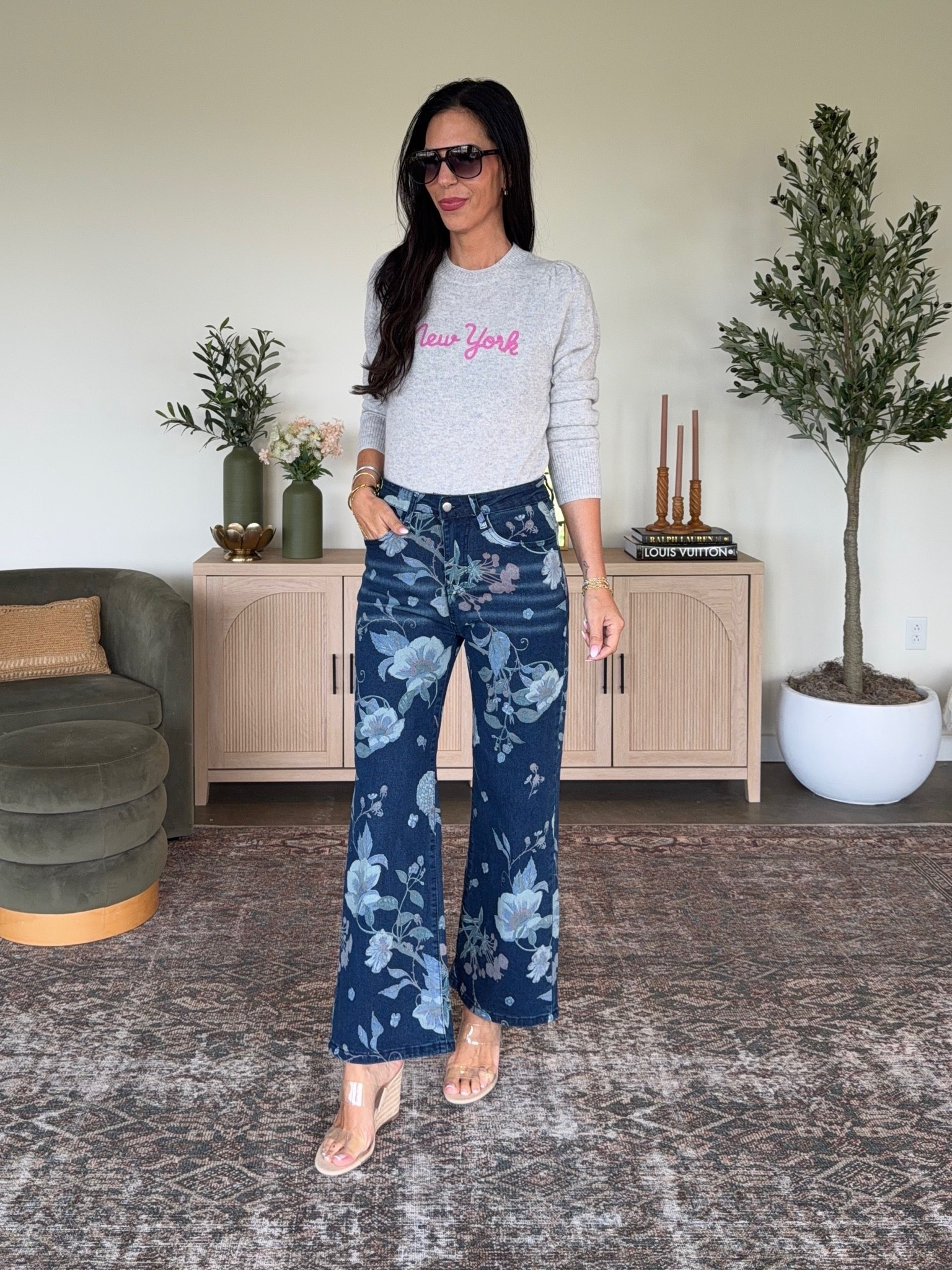 These Walmart floral pants give all the Anthro vibes and are on sale 
Wearing a size small- run big 
Cashmere light top- small