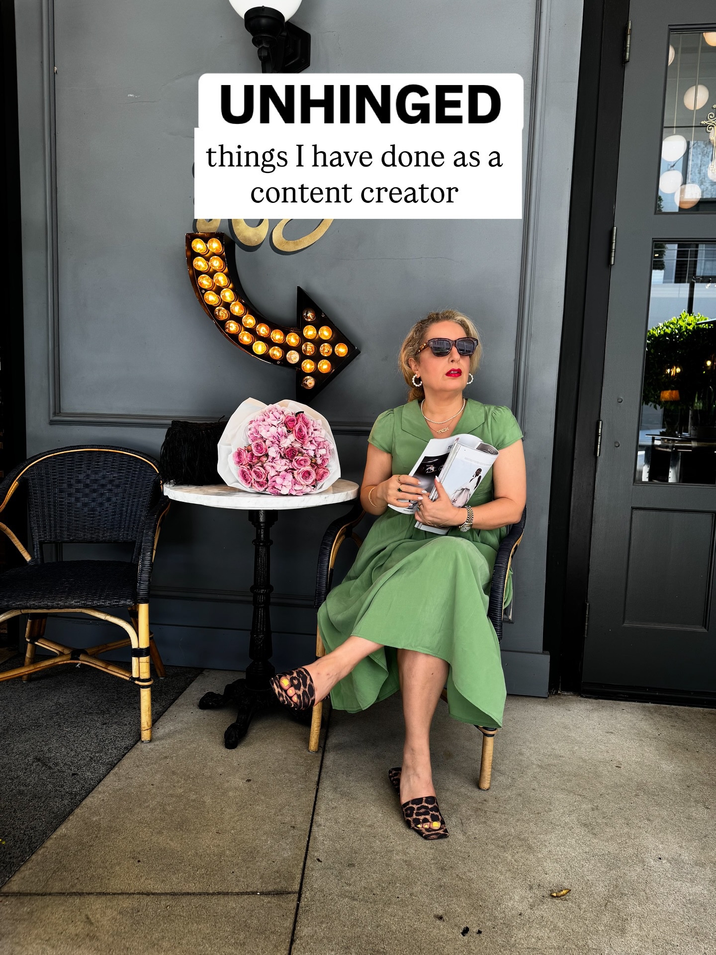 Be honest… what’s the most unhinged thing you’ve done for IG? As a content creator,  I have an unending list of unhinged things I’ve done for the gram! 

My unhinged moments as a content creator always come with a cute outfit like this. 

Outfit details: 
👗 @simpleretro 
🥿 + 👛 @anntaylor 
 🕶️ @toms via @michelemariepr 

💐 @aya_flowers_beverlyhills