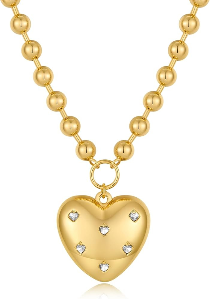 CLASSYZINT Gold Heart Pendant Necklace for Women Puffy Heart Necklace Beads Chain Necklace Statem... | Amazon (US)
