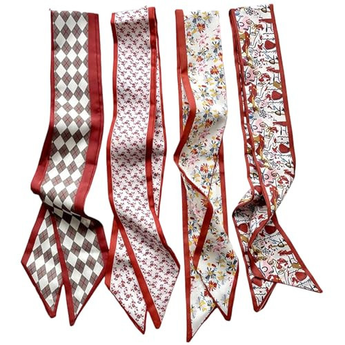 Jaczora 4PCS Fashion Accessories Decorative Skinny Scarves, Floral and Argyle Print, Red and White, Twill Neck Scarf for Handbags and Hair | Amazon (US)