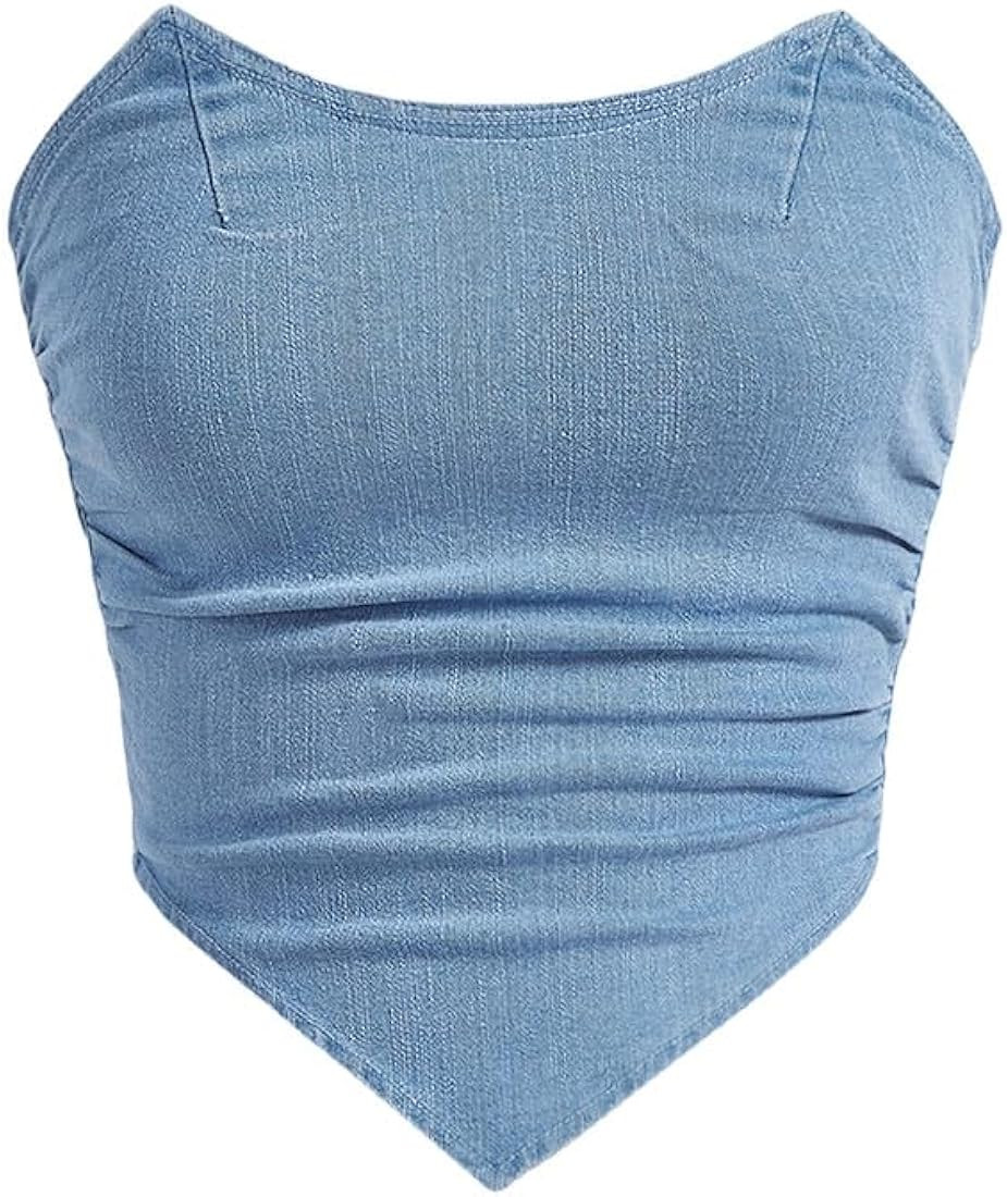 Floerns Women's Asymmetrical Hem Denim Tube Top Zip Up Denim Corset Top | Amazon (US)