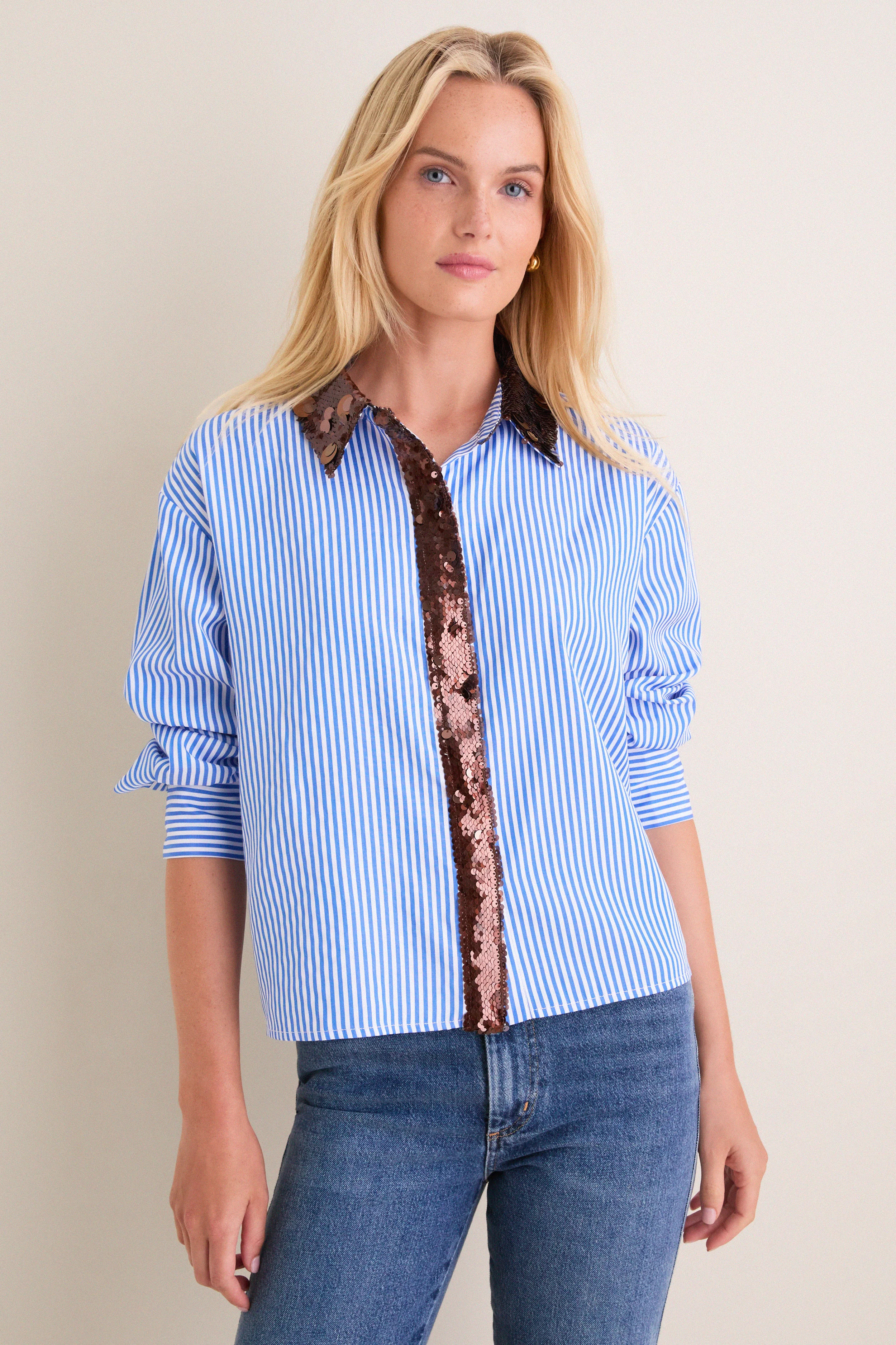 Blue Pinstripe & Bronze Sequin Sadie Button Down | Tuckernuck (US)